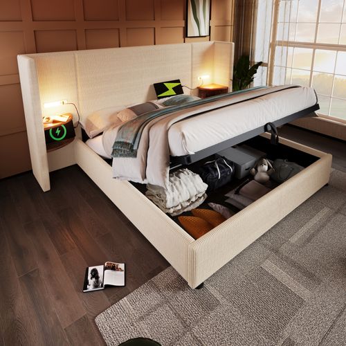 Lit Coffre 160×200cm, Ports USB Et Type-c, 2 Chevet, Métal, Bois, Velours Côtelé, Beige + Brun