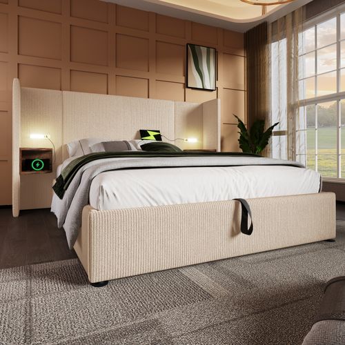 Lit Coffre 160×200cm, Ports USB Et Type-c, 2 Chevet, Métal, Bois, Velours Côtelé, Beige + Brun