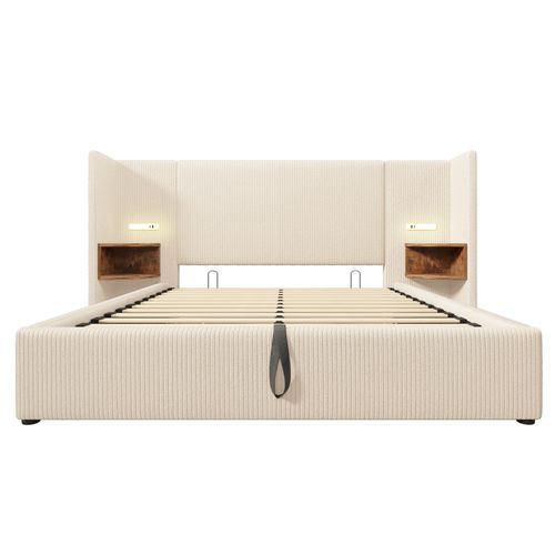 Lit Coffre 160×200cm, Ports USB Et Type-c, 2 Chevet, Métal, Bois, Velours Côtelé, Beige + Brun