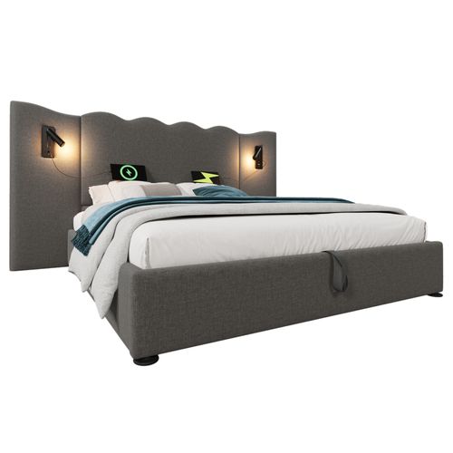 Lit Coffre 160x200 Cm, Lampe Lecture Pivotante, USB Type C, Métal, Bois, Lin Gris