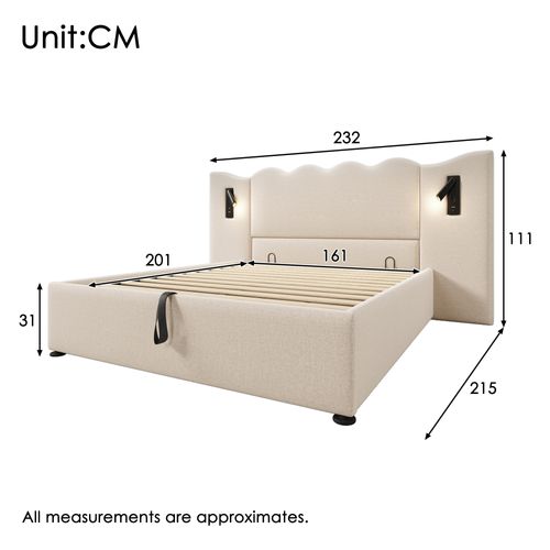 Lit Coffre 160x200 Cm, Tête Ondulée En Lin Avec Lampe Et Ports USB C, Métal Et Lattes Bois, Beige