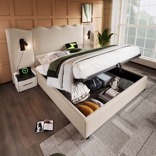 Lit Coffre 160x200 Cm, Tête Ondulée En Lin Avec Lampe Et Ports USB C, Métal Et Lattes Bois, Beige