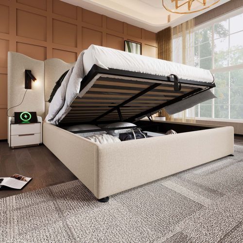Lit Coffre 160x200 Cm, Tête Ondulée En Lin Avec Lampe Et Ports USB C, Métal Et Lattes Bois, Beige