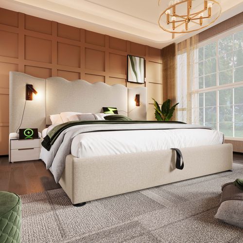 Lit Coffre 160x200 Cm, Tête Ondulée En Lin Avec Lampe Et Ports USB C, Métal Et Lattes Bois, Beige