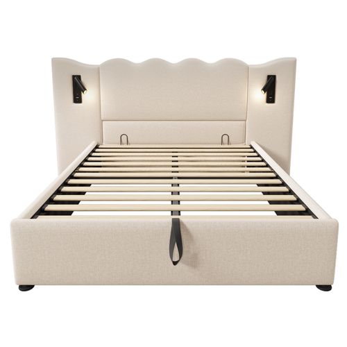 Lit Coffre 160x200 Cm, Tête Ondulée En Lin Avec Lampe Et Ports USB C, Métal Et Lattes Bois, Beige