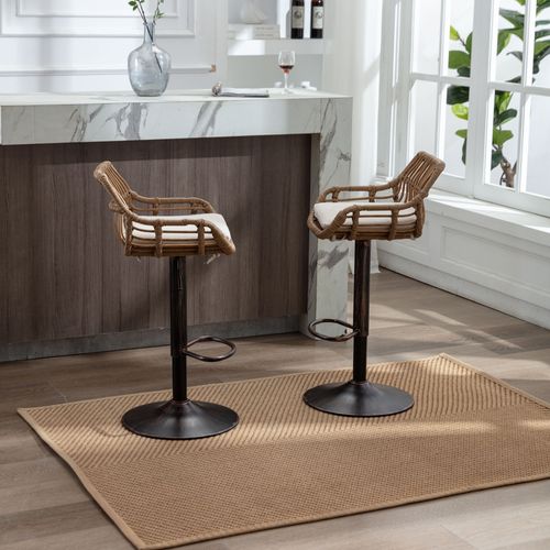 Lot De 2 Tabourets De Bar 48.84x48x109 Cm, Réglable Et Pivotant, Lin Rotin Pe Piètement Métal, Beige