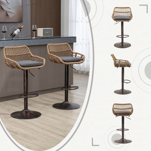 Lot De 2 Tabourets De Bar 48.84x48x109 Cm, Réglables Avec Repose Pieds, Rotin Pe Et Métal, Gris