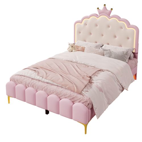 Lit Enfant 140x200 Cm Avec LED Piloté Par Application, Lit Double, Design Couronne, Pu Rose