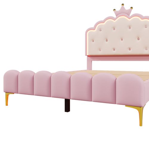 Lit Enfant 140x200 Cm Avec LED Piloté Par Application, Lit Double, Design Couronne, Pu Rose