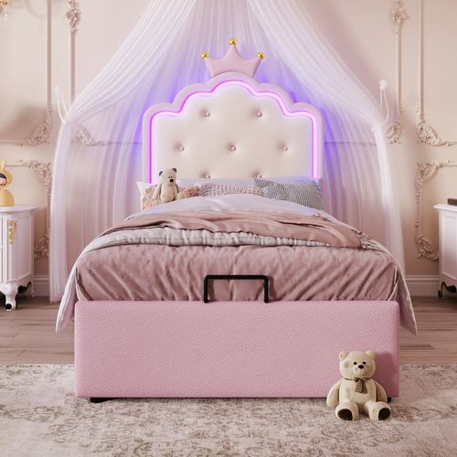 Lit Coffre Enfant 90x200 Cm Avec LED Télécommandé Et Rangement, Lit Simple Moderne, Pu Rose