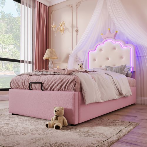 Lit Coffre Enfant 90x200 Cm Avec LED Télécommandé Et Rangement, Lit Simple Moderne, Pu Rose