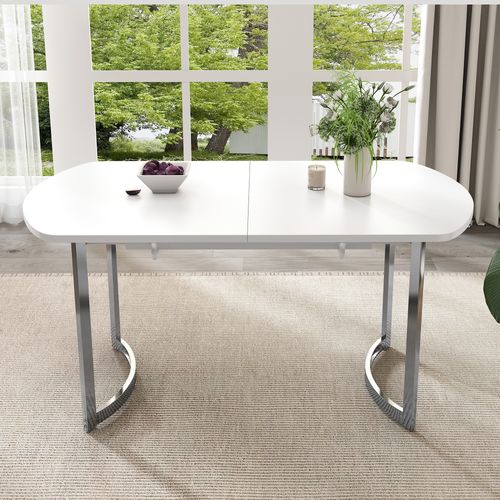 Table Extensible 140/180x80x75.5 Cm, Rallonge Jusqu'à 180 Cm, Pieds Métal Argenté, Mdf, Blanc