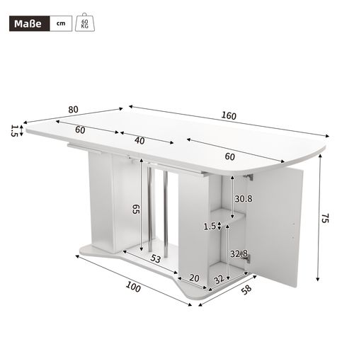 Table Extensible 120/160x80x75 Cm, Rallonge, 2 Portes, Mdf, Blanc, Pieds Métalliques Argentés
