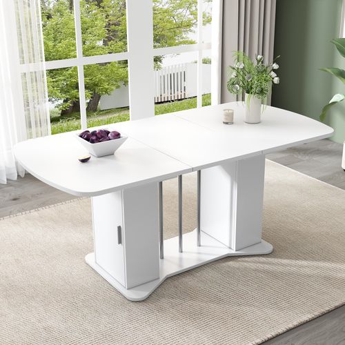 Table Extensible 120/160x80x75 Cm, Rallonge, 2 Portes, Mdf, Blanc, Pieds Métalliques Argentés