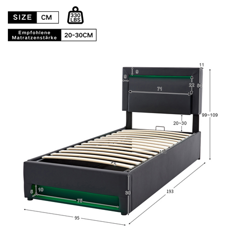 Lit Coffre 90x190 Cm, Lit Simple, Ports USB Avec Charge Sans Fil Et LED, Polyuréthane, Noir