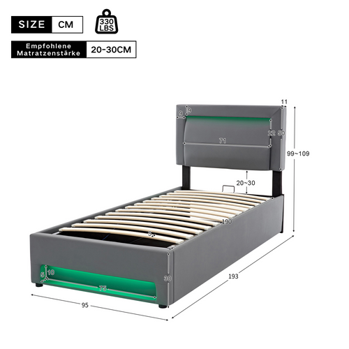 Lit Coffre 90x190 Cm, Lit Simple, Ports USB Avec Charge Sans Fil Et LED, Pu Motif Litchi, Gris