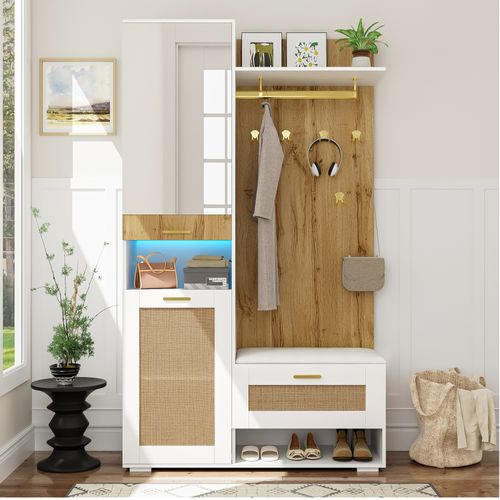 Vestiaire 110x38x190 Cm, Miroir, LED, Assise, 3 Portes, Mdf, Panneaux De Particules, Blanc Et Bois