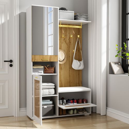 Vestiaire 110x38x190 Cm, Miroir, LED, Assise, 3 Portes, Mdf, Panneaux De Particules, Blanc Et Bois