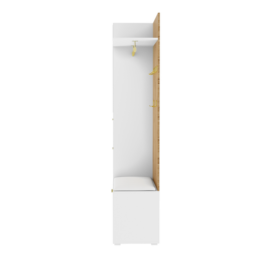 Vestiaire 110x38x190 Cm, Miroir, LED, Assise, 3 Portes, Mdf, Panneaux De Particules, Blanc Et Bois