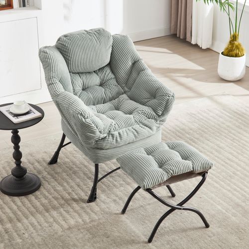 Fauteuil Relax 80x64x95 Cm Avec Pouf 50x45x46 Cm, Dossier Ergonomique, Accoudoirs, Acier, Vert Clair