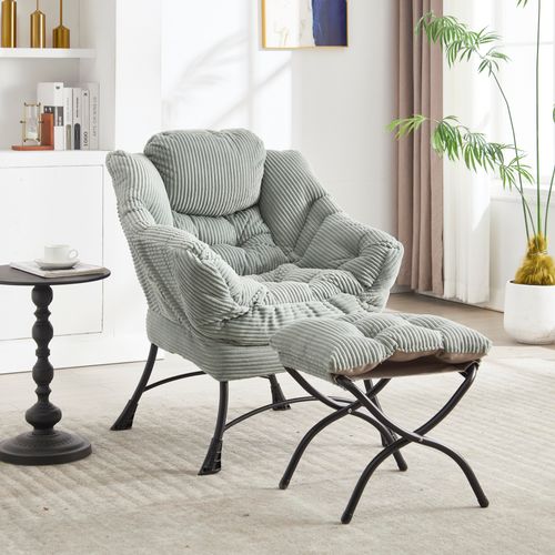 Fauteuil Relax 80x64x95 Cm Avec Pouf 50x45x46 Cm, Dossier Ergonomique, Accoudoirs, Acier, Vert Clair