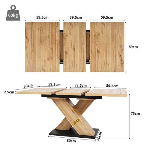 Table Extensible 119/158.5x80x75 Cm, Rallonge Télescopique, Mdf, Métal, Couleur Bois+noir