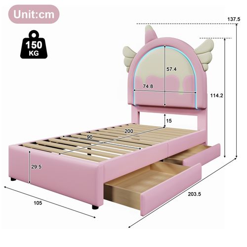 Lit Enfant 90x200 Cm Avec LED, Lit Simple, 2 Tiroirs, Style Moderne, Forme De Licorne, Pu Rose