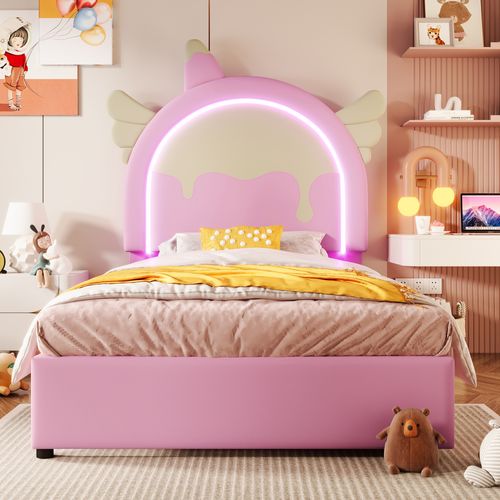 Lit Enfant 90x200 Cm Avec LED, Lit Simple, 2 Tiroirs, Style Moderne, Forme De Licorne, Pu Rose