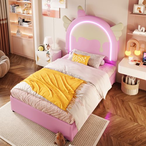 Lit Enfant 90x200 Cm Avec LED, Lit Simple, 2 Tiroirs, Style Moderne, Forme De Licorne, Pu Rose