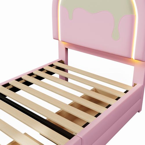 Lit Enfant 90x200 Cm Avec LED, Lit Simple, 2 Tiroirs, Style Moderne, Forme De Licorne, Pu Rose