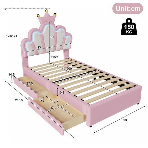 Lit Enfant 90x200 Cm Avec LED, Lit Simple, Tête Réglable Et 2 Tiroirs, Forme De Couronne, Pu Rose