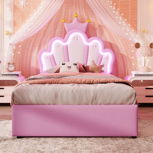 Lit Enfant 90x200 Cm Avec LED, Lit Simple, Tête Réglable Et 2 Tiroirs, Forme De Couronne, Pu Rose