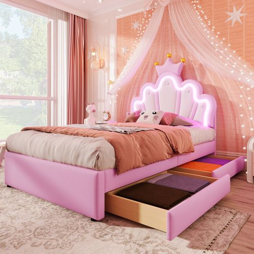 Lit Enfant 90x200 Cm Avec LED, Lit Simple, Tête Réglable Et 2 Tiroirs, Forme De Couronne, Pu Rose
