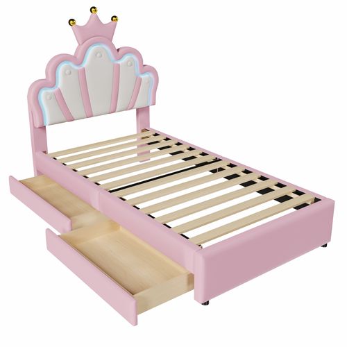 Lit Enfant 90x200 Cm Avec LED, Lit Simple, Tête Réglable Et 2 Tiroirs, Forme De Couronne, Pu Rose