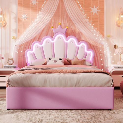Lit Enfant 140x200 Cm Avec LED, Lit Double, Tête Réglable, 2 Tiroirs, Forme De Couronne, Pu Rose