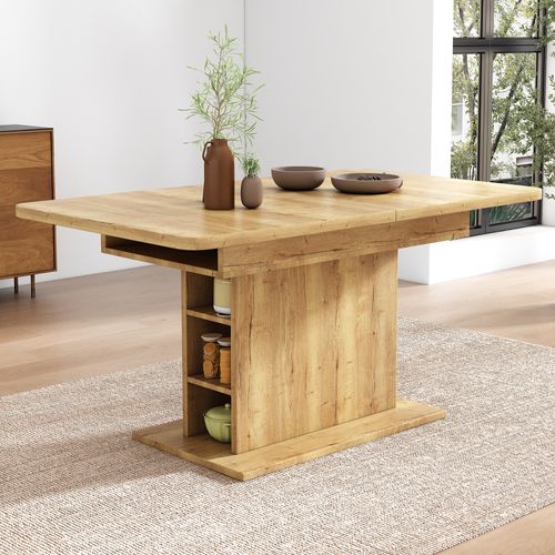 Table à Manger Extensible 110/130x70x75 Cm, Rangement Ouvert, Panneau De Particules Et Métal, Bois