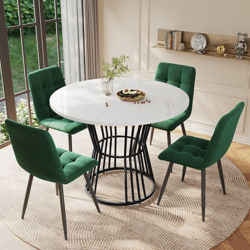 Ensemble 5 Pièces Table Ronde 100 Cm, Motif De Marbre En Mdf, Pieds Métal, 4 Chaises Velours Vert
