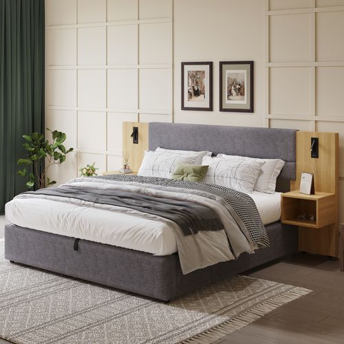 Lit Coffre 180x200 Cm, Lit Adulte, Lampe De Lecture, Port USB, 2 Chevets, Velours, Gris, Bois