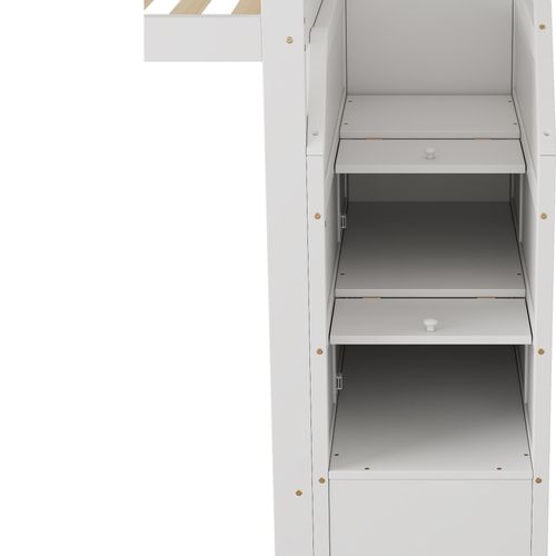 Lit Mezzanine 90x200cm, Escalier Avec Rangement, Garde-corps Intégral, Pin Blanc