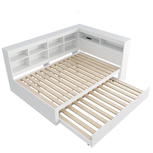 Lit Gigogne Double 140x200+90x190 Cm, 2 En 1, Prise USB, 10 Niches, Bois, Mdf, Blanc