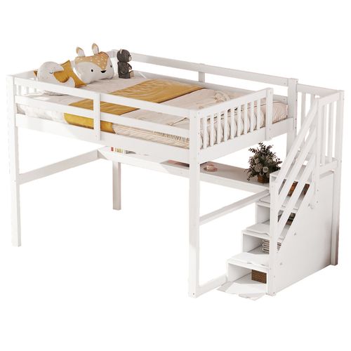 Lit Mezzanine 140x200 Cm, Bureau, Rangement Sous Le Lit, En Pin, Blanc, Mdf, Gain De Place