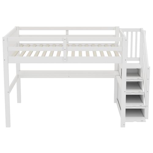 Lit Mezzanine 140x200 Cm, Bureau, Rangement Sous Le Lit, En Pin, Blanc, Mdf, Gain De Place