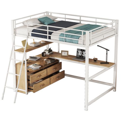 Lit Mezzanine 140x200 Cm, Bureau En L Et Tiroirs Pratiques, Structure Métal Et Mdf, Finition Blanche