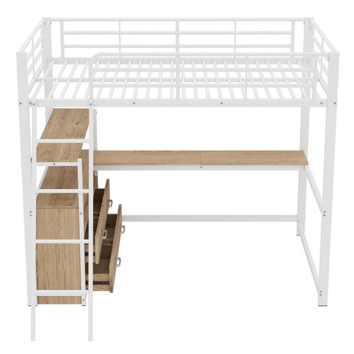 Lit Mezzanine 140x200 Cm, Bureau En L Et Tiroirs Pratiques, Structure Métal Et Mdf, Finition Blanche