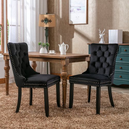 Lot De 2 Chaises Moderne 62x50x95 Cm, Dossier Haut, Bois, Velours Noir, Rivets Décoratifs