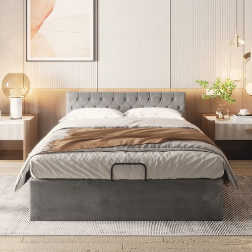 Lit Coffre Double 140x200 Cm, Rangement, Style Moderne, Sommier à Lattes, Velours Gris