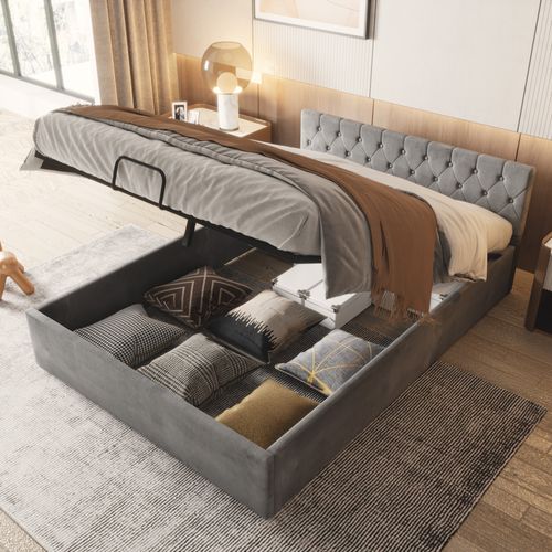 Lit Coffre Double 140x200 Cm, Rangement, Style Moderne, Sommier à Lattes, Velours Gris