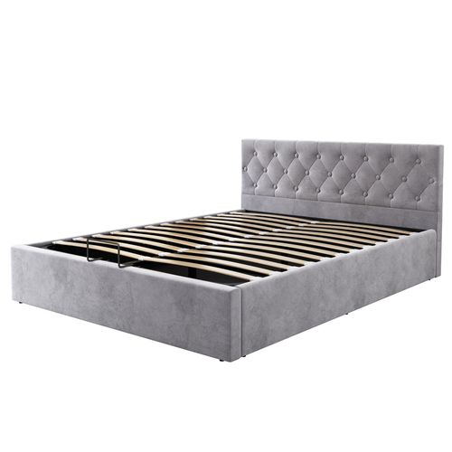 Lit Coffre Double 140x200 Cm, Rangement, Style Moderne, Sommier à Lattes, Velours Gris