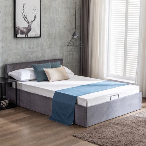 Lit Coffre Double 140x200 Cm, Rangement, Style Moderne, Sommier à Lattes, Velours Gris