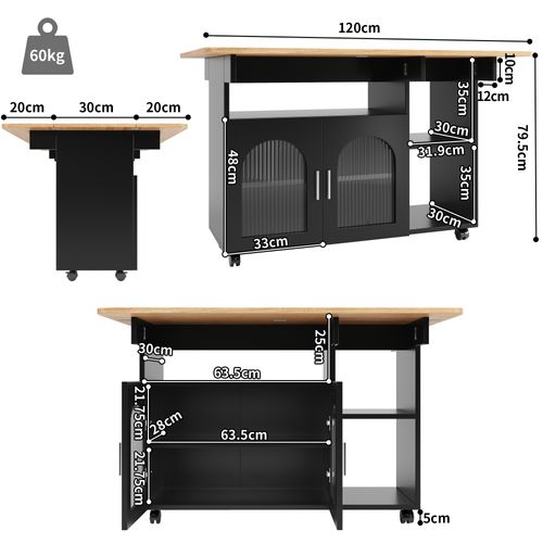 Îlot De Cuisine 120x30-70x79.5 Cm, Table Rabattable, Mdf, Verre, Métal, Noir+bois